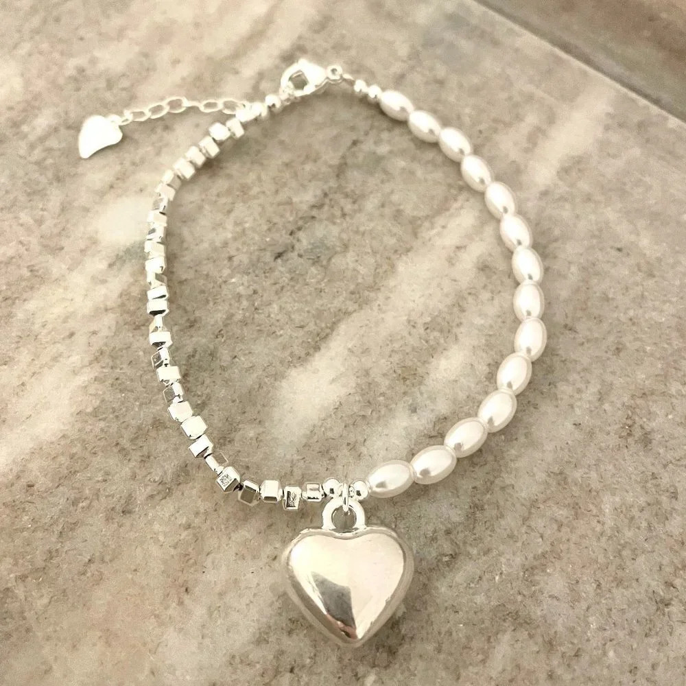 925 Sterling Silver Heart Bracelet Pearl Cube Asymmetric Chain Link Bracelet